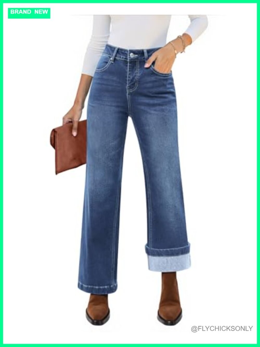 Fleece Lined High Waisted Flare Jeans Wide Leg Stretch Denim Pants